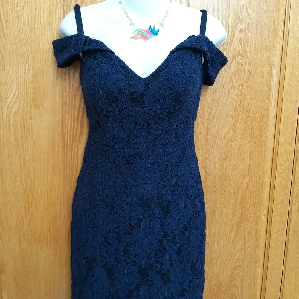 Xscape Womens Navy Lace Off-The-Shoulder Hi-Low Midi Dress Petites 2P Pre-owne - Picture 5 of 16